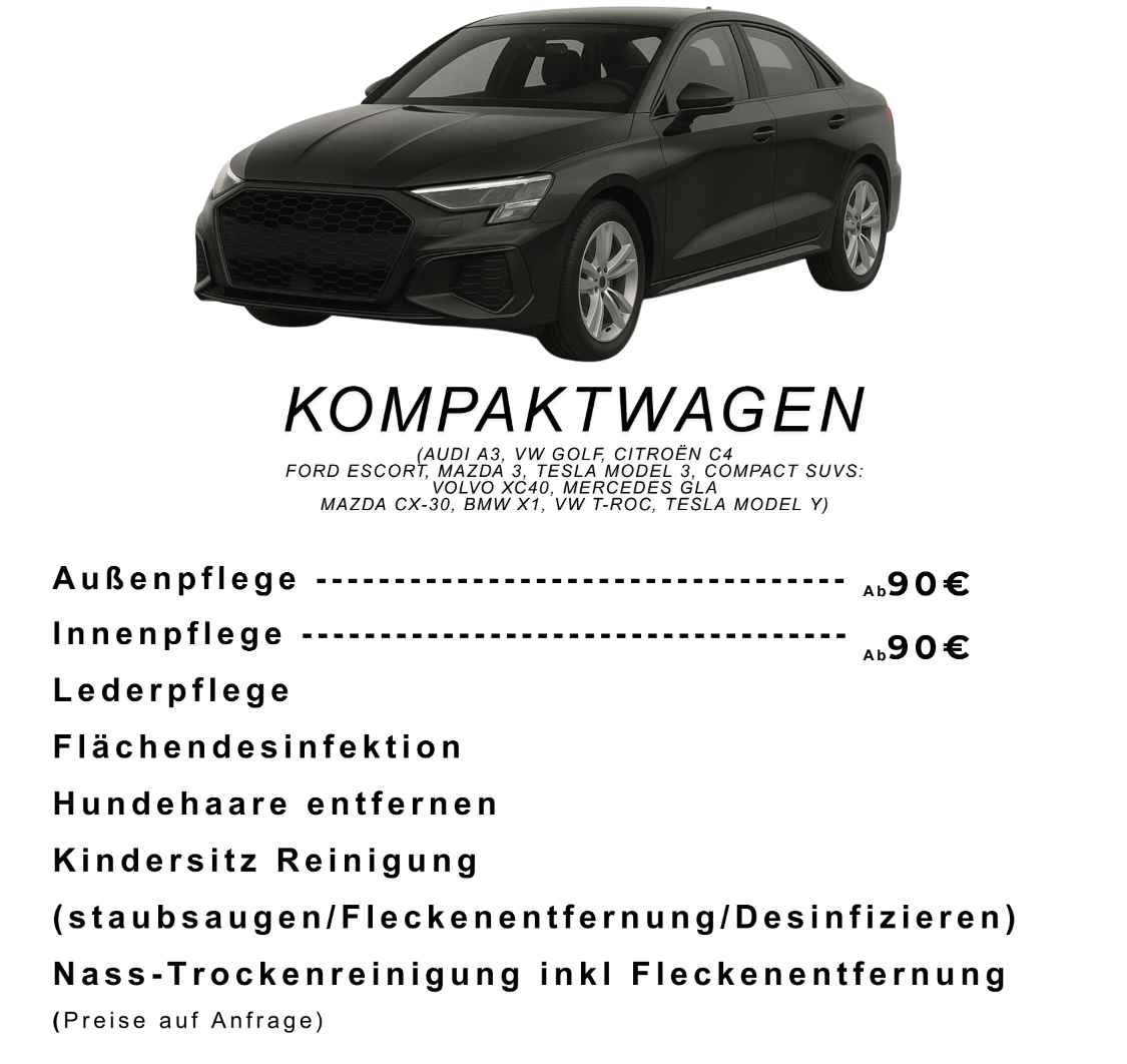 Schwarzes Kompaktwagen-Modell mit Preislisten für verschiedene Dienstleistungen.