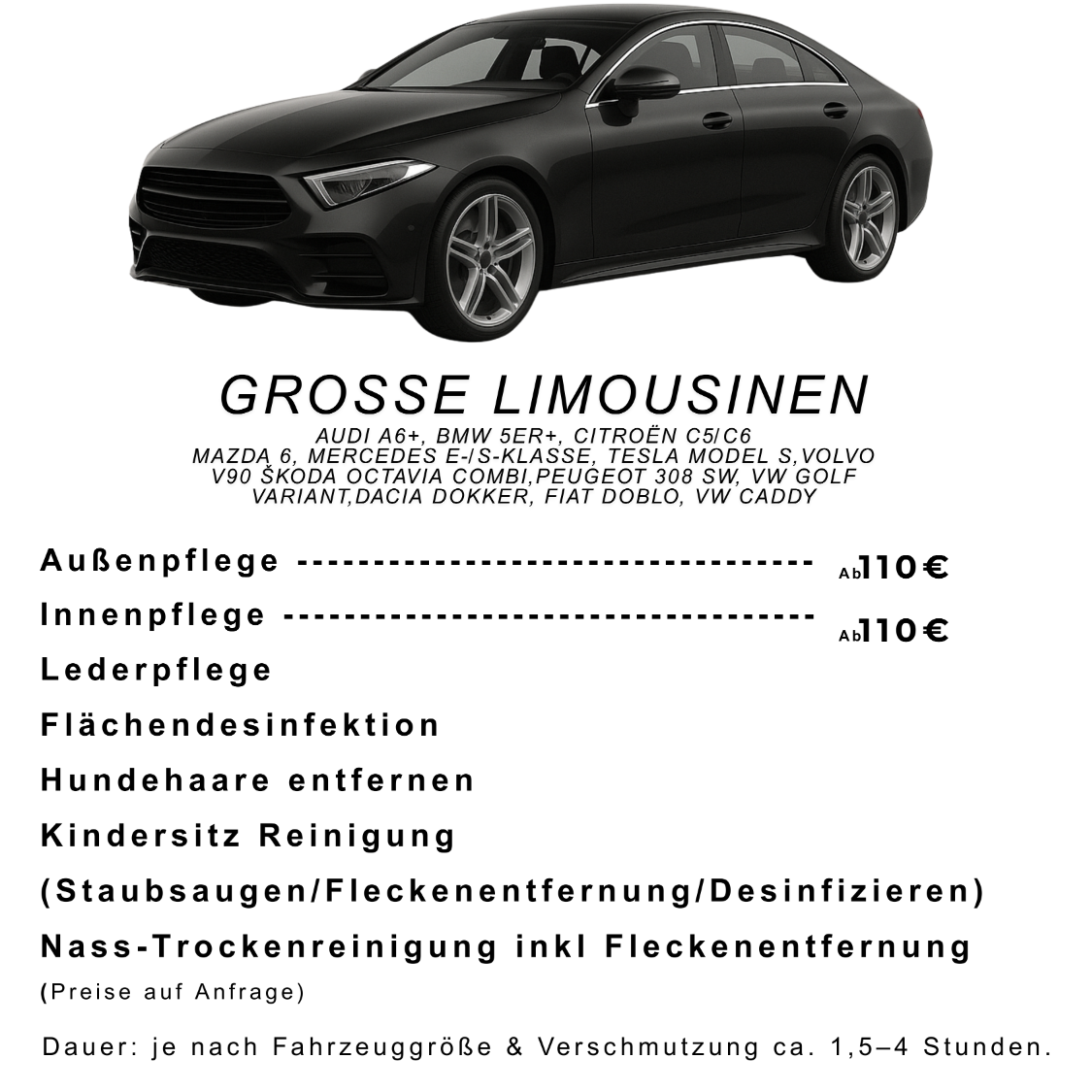 Schwarze Limousine mit Preis- und Pflegeinformationen.