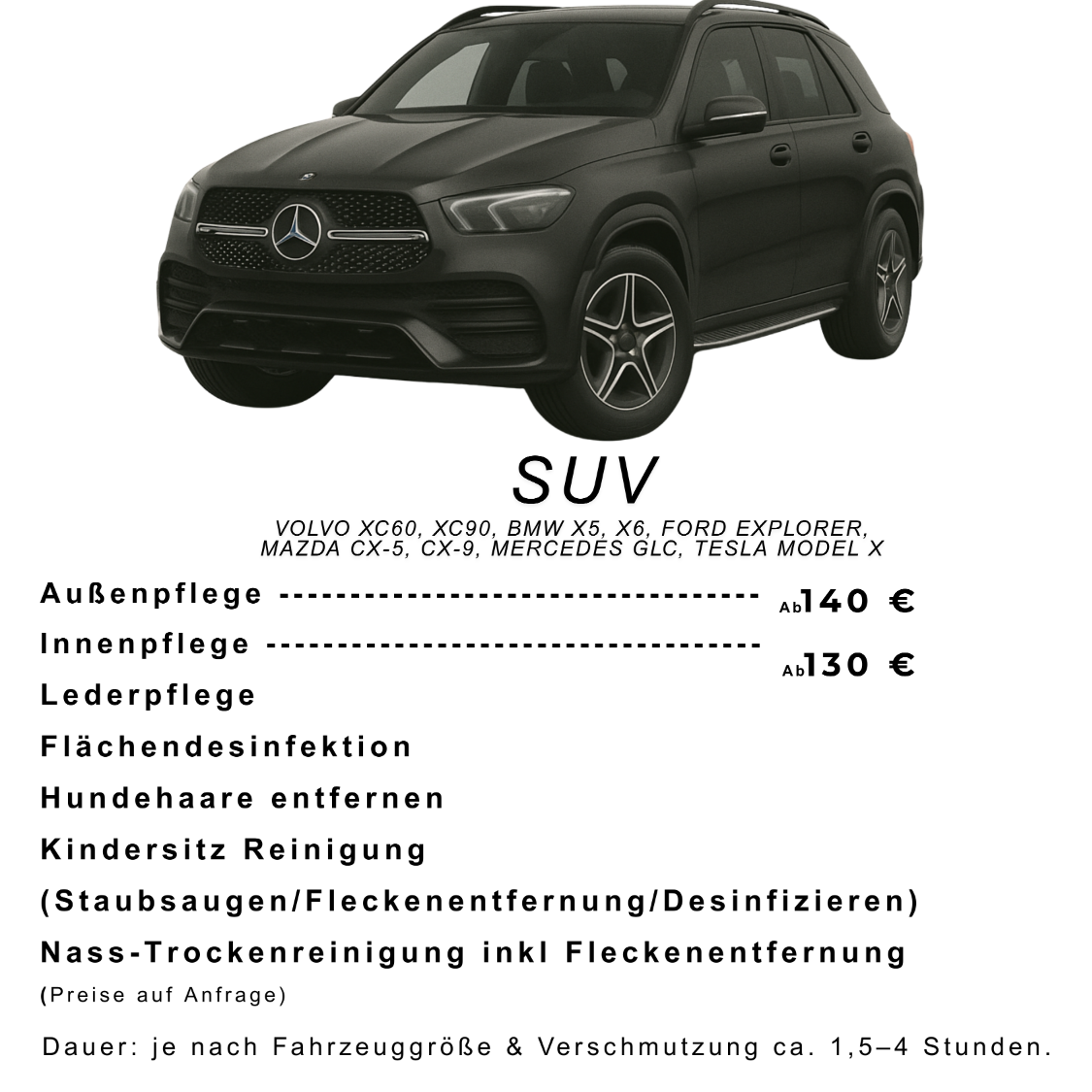 Schwarzer SUV mit Preisinformationen für Pflege und Reinigung.