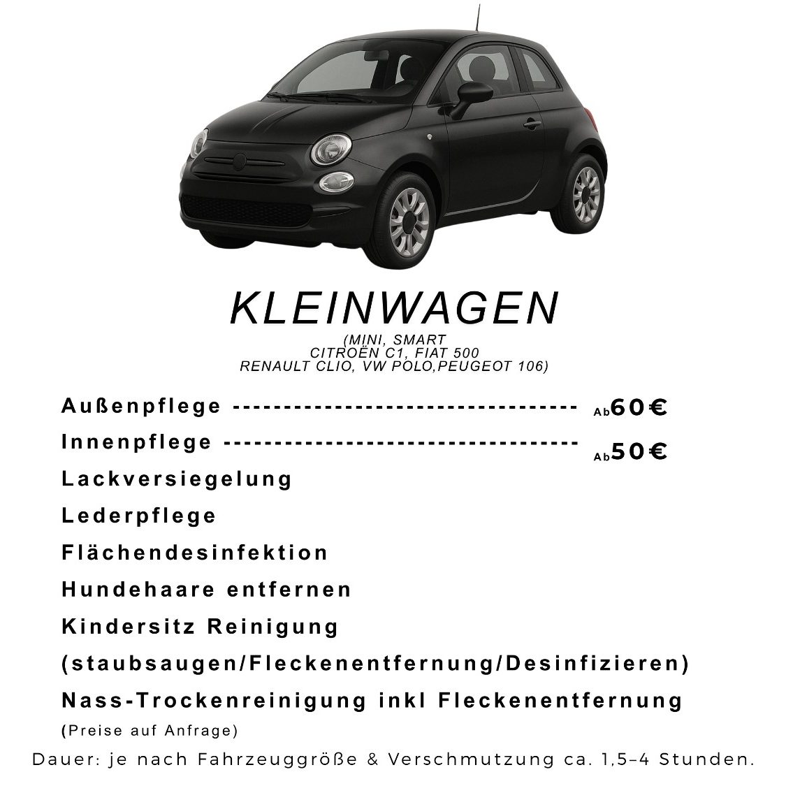 Kleinwagen Preiße Schwarzer Kleinwagen mit Wartungsangeboten und Pflegeinformationen.