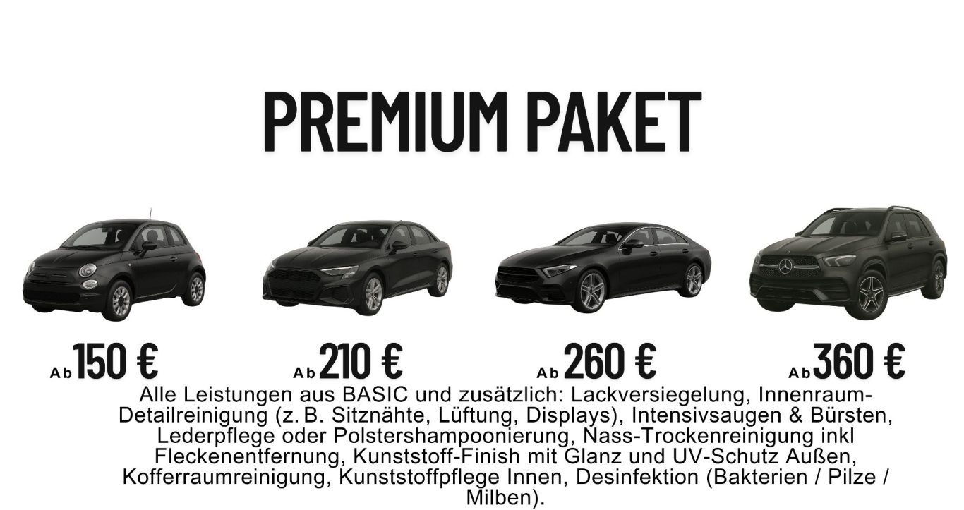 Preiße Drei Autos in verschiedenen Preiskategorien von 150 € bis 350 €. Premium Paket.