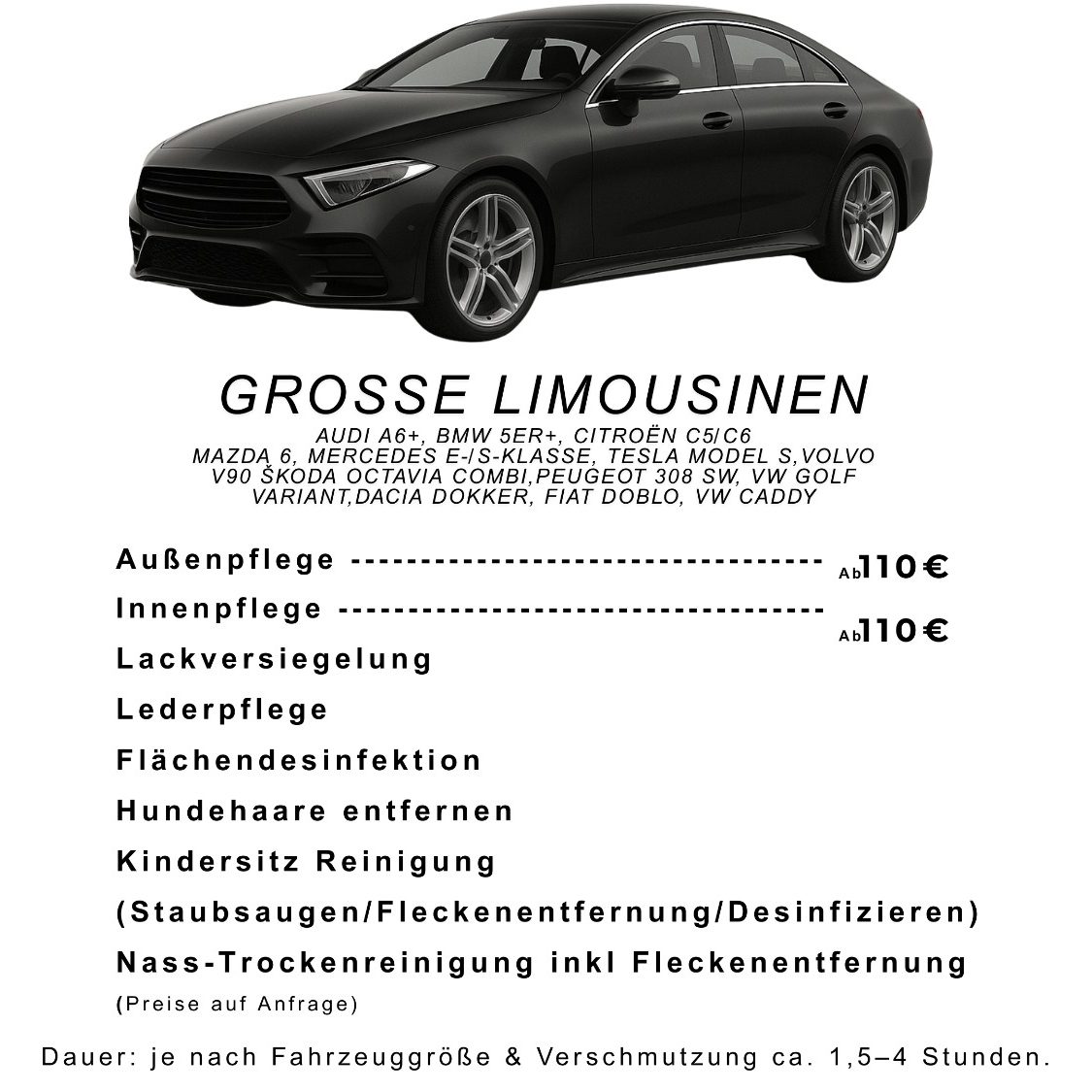 Große Limousine Schwarze Limousine mit Preis- und Pflegeinformationen.