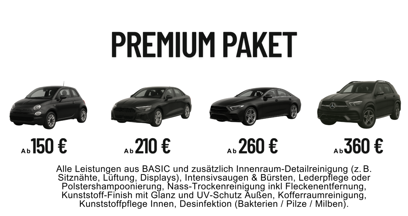Drei Autos in verschiedenen Preiskategorien von 150 € bis 350 €. Premium Paket.