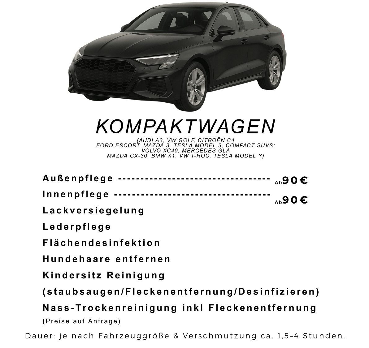 Kompaktwagen Schwarzes Kompaktwagen-Modell mit Preislisten für verschiedene Dienstleistungen.
