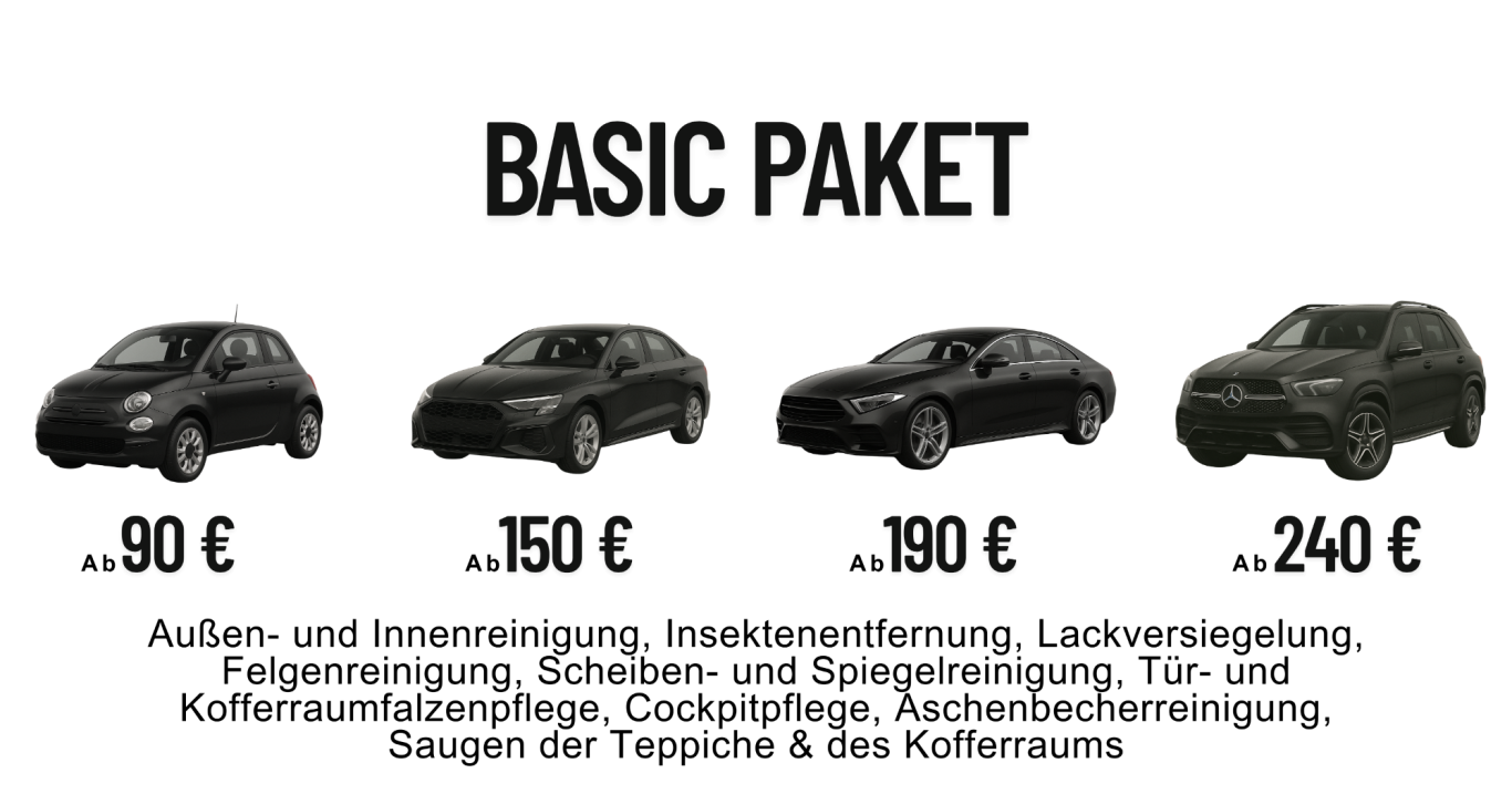 Vier Autos in unterschiedlichen Größen und Preisen, von 80 € bis 240 €.